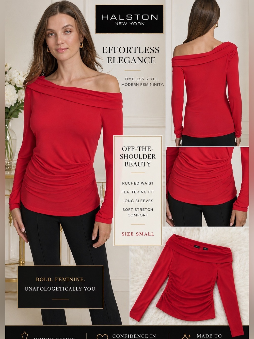 Halston Ruched Off-The-Shoulder Top Red Size Small NWT
